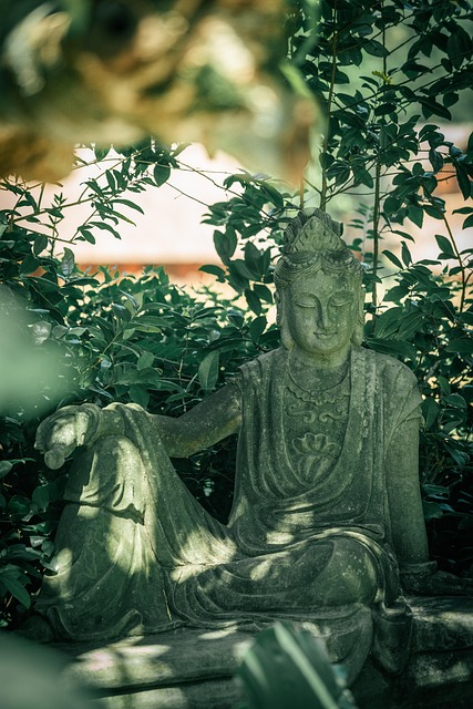 Zen garden with contemporary sculptures